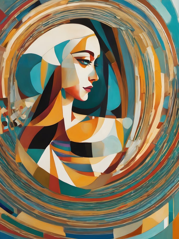 Endure - Abstract Art Deco Geometric Shapes Oil Painting Modernist Picasso Inspired Bold Gold Green Turquoise Red Face Visionary Fantasy Style Wall Decor Surrealism Trippy Cool Room Art Invoke Psychedelic