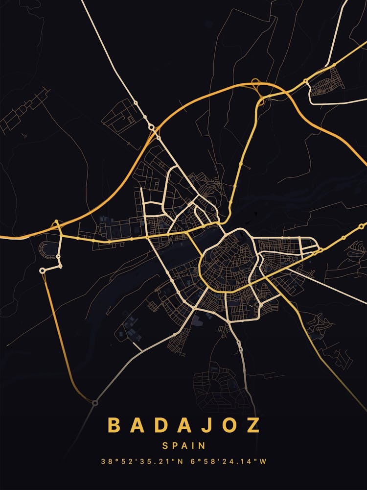 Badajoz Spain Black And Gold Map