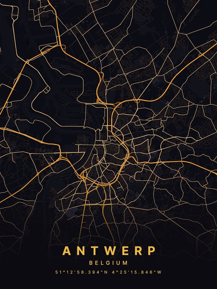 Antwerp Belgium Black And Gold Map
