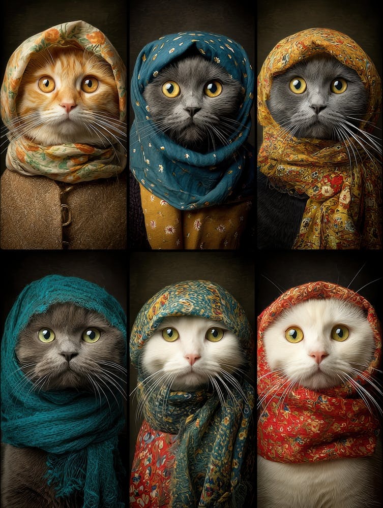 Portrait Of Cats Wearing Scarves