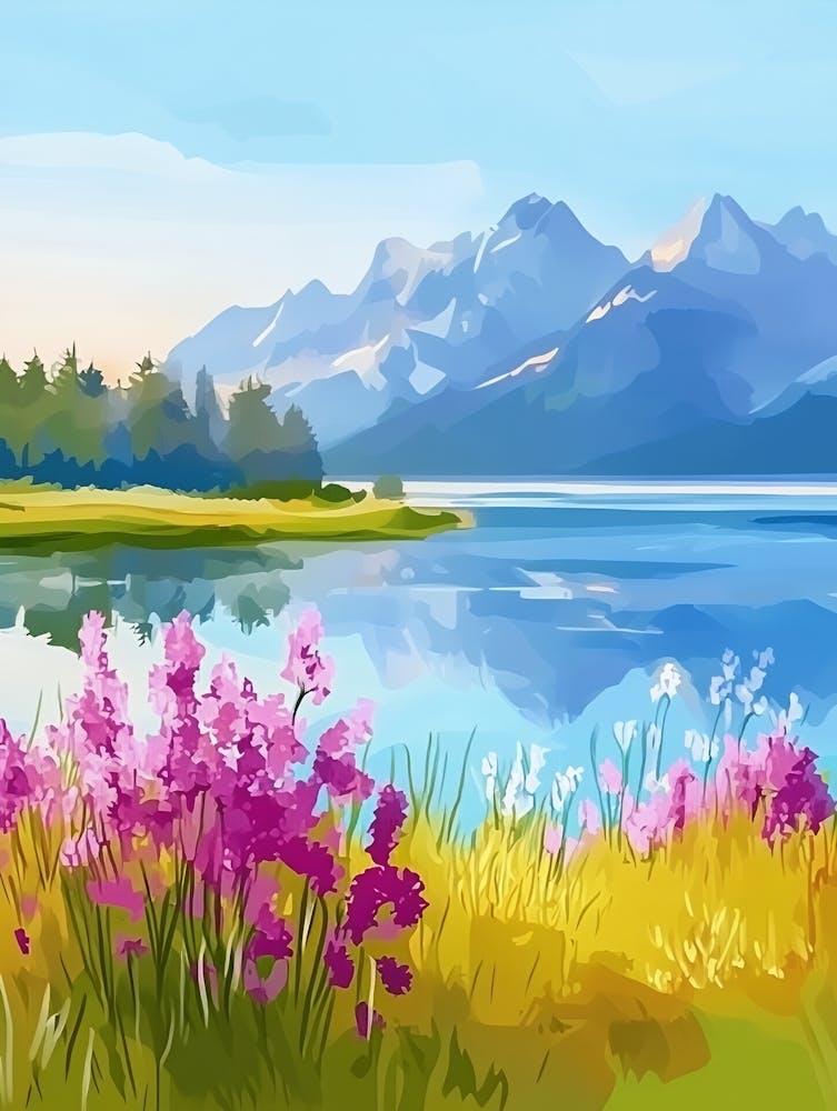 Watercolor Mountains And Flowers