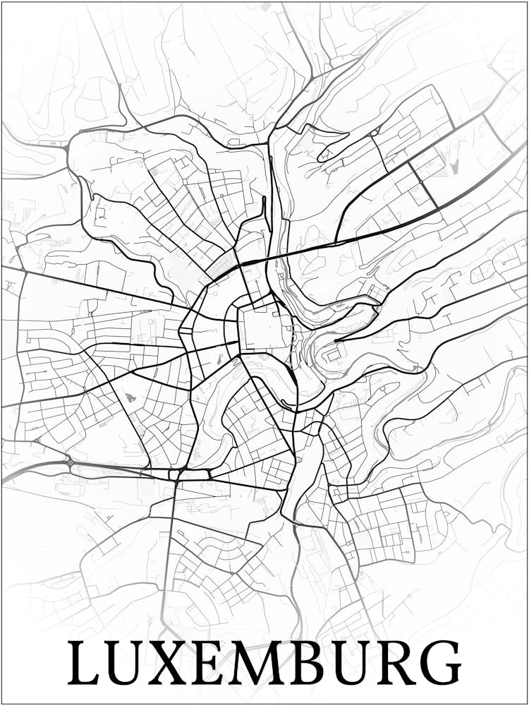 Luxemburg, Luxemburg, City Map, Black And White Fade Design