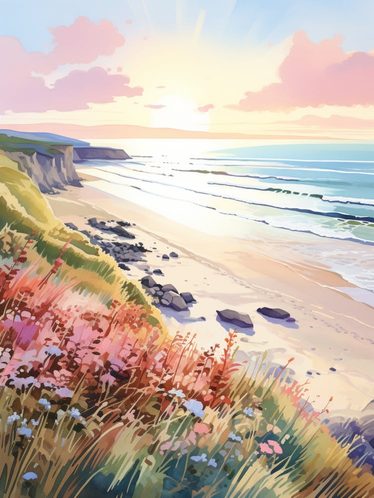 Watercolor Painting Of Rhossili Bay, Swansea Wales 2