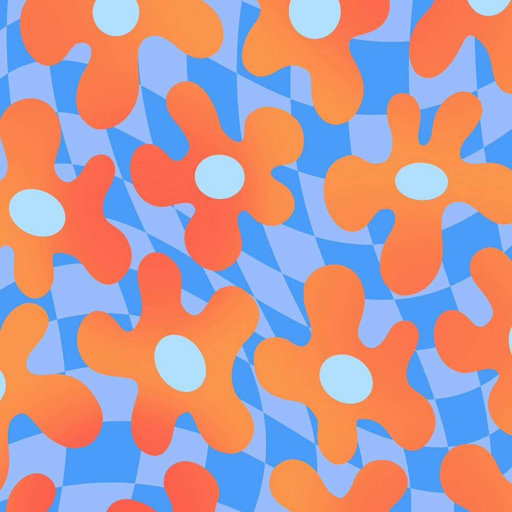 Flowers Orange Blue Checker Square