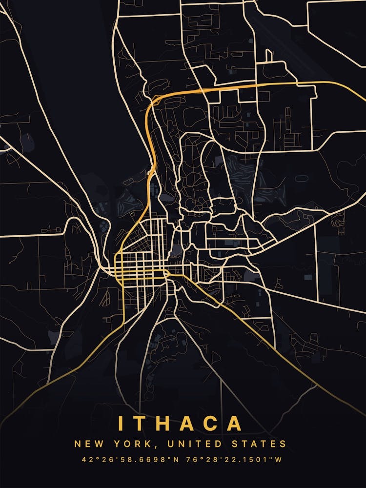 Ithaca New York United States Black And Gold Map