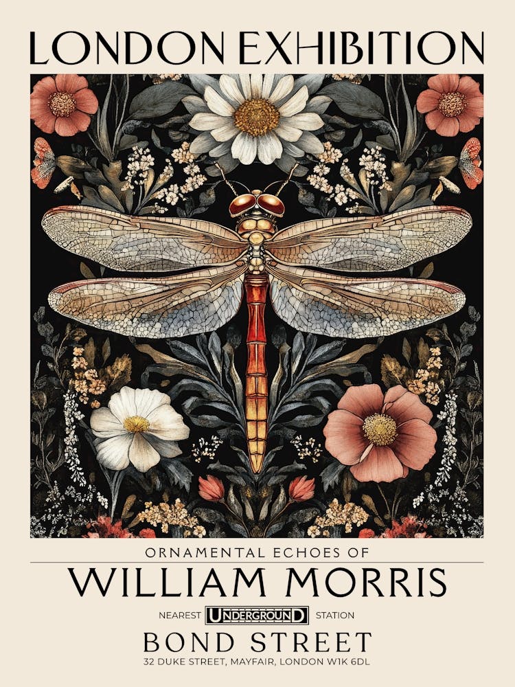 William Morris Dragonfly and floral artwork in Warm earth tones, insect and flower pattern dark academia library Botanical vintage print, living room vintage decor Floral tapestry Victorian nature art 11