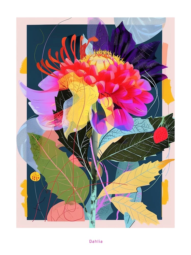 Dahlia 3 Neon Flower Collage Poster