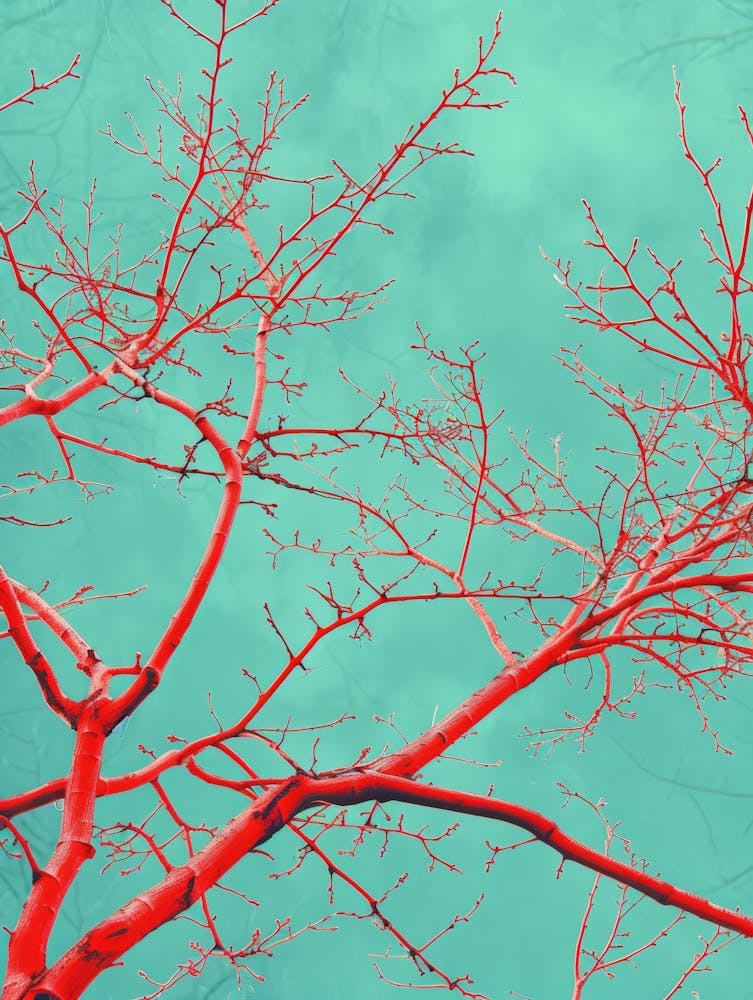 Rote Baumzweige vor blauem Himmel