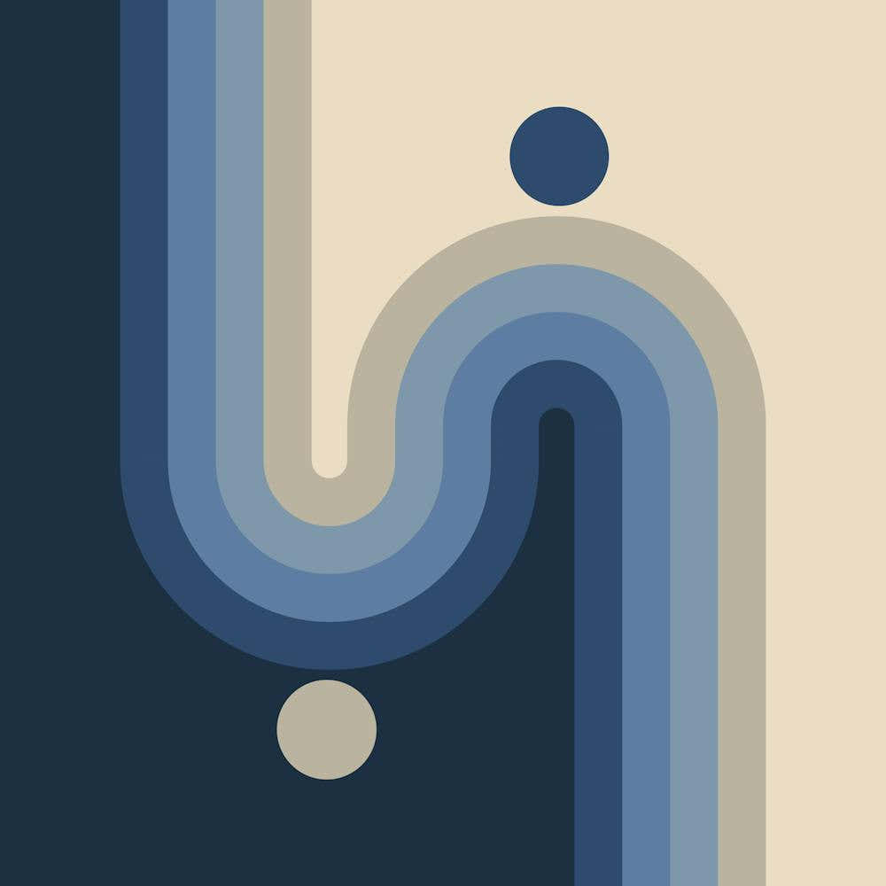 Midcentury Modern Geometric Arch Sun Abstract 12 In Blue Tan 02