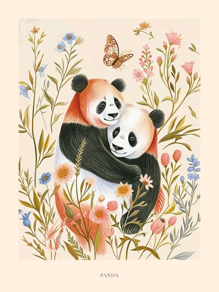 Folksy Floral Animal Drawing Panda 2 Poster