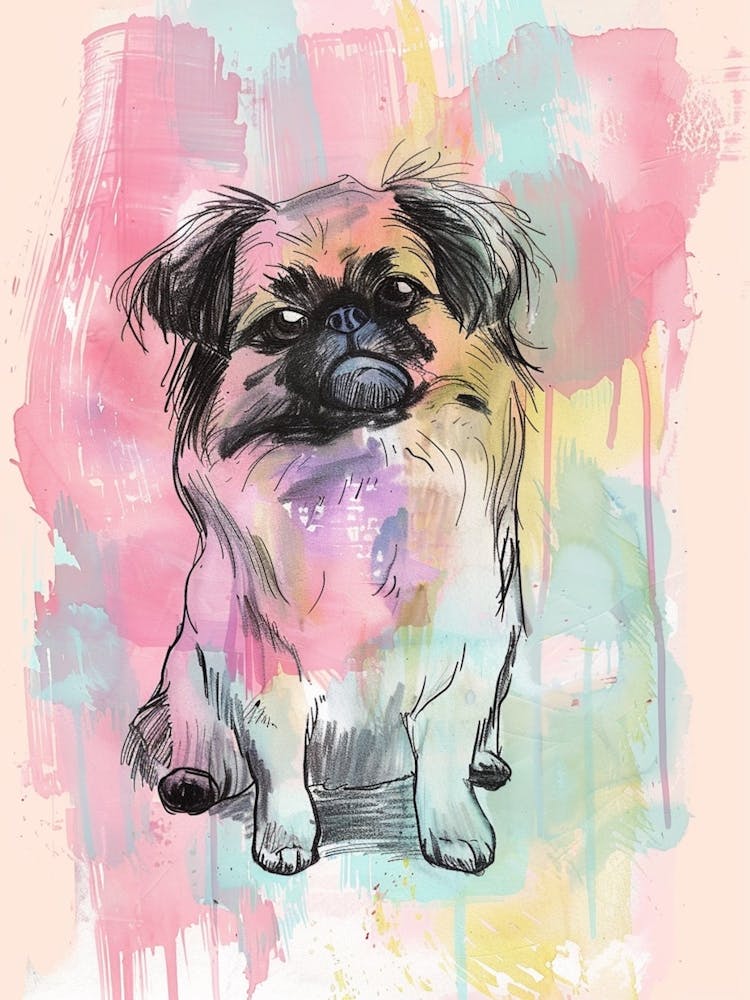 Pekingese Dog Pastel Line Watercolour Illustration  1
