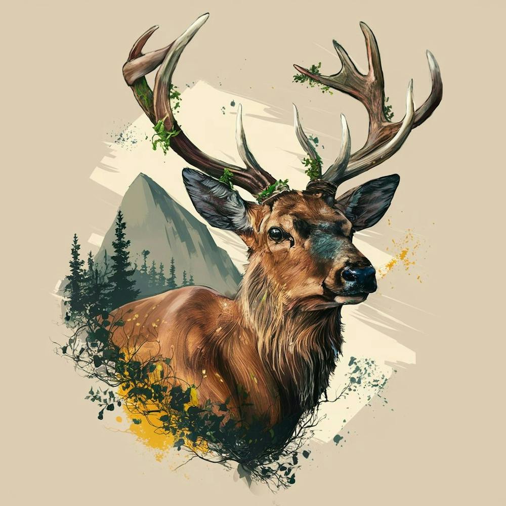 Deer. Captivating Stag Tattoo Design: Majestic Wildlife Art with Moss-Adorned Antlers, Wisdom-Gazing Eyes, and Nature-Inspired Background