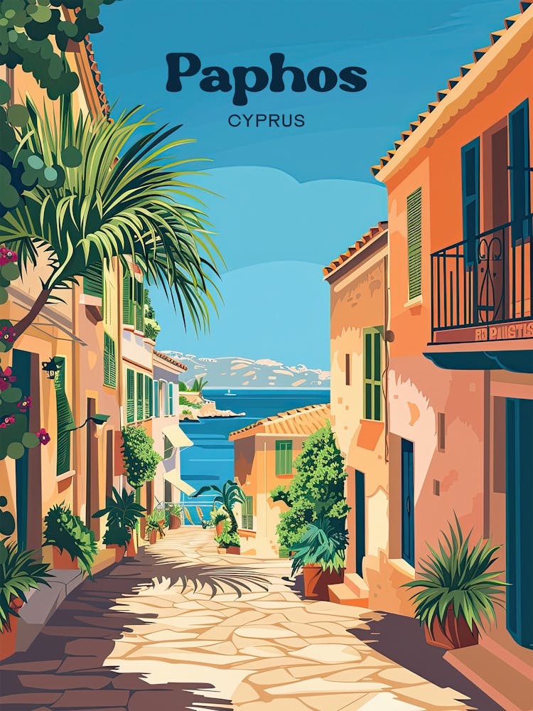 Paphos Cyprus Coastal Travel Art Illustration
