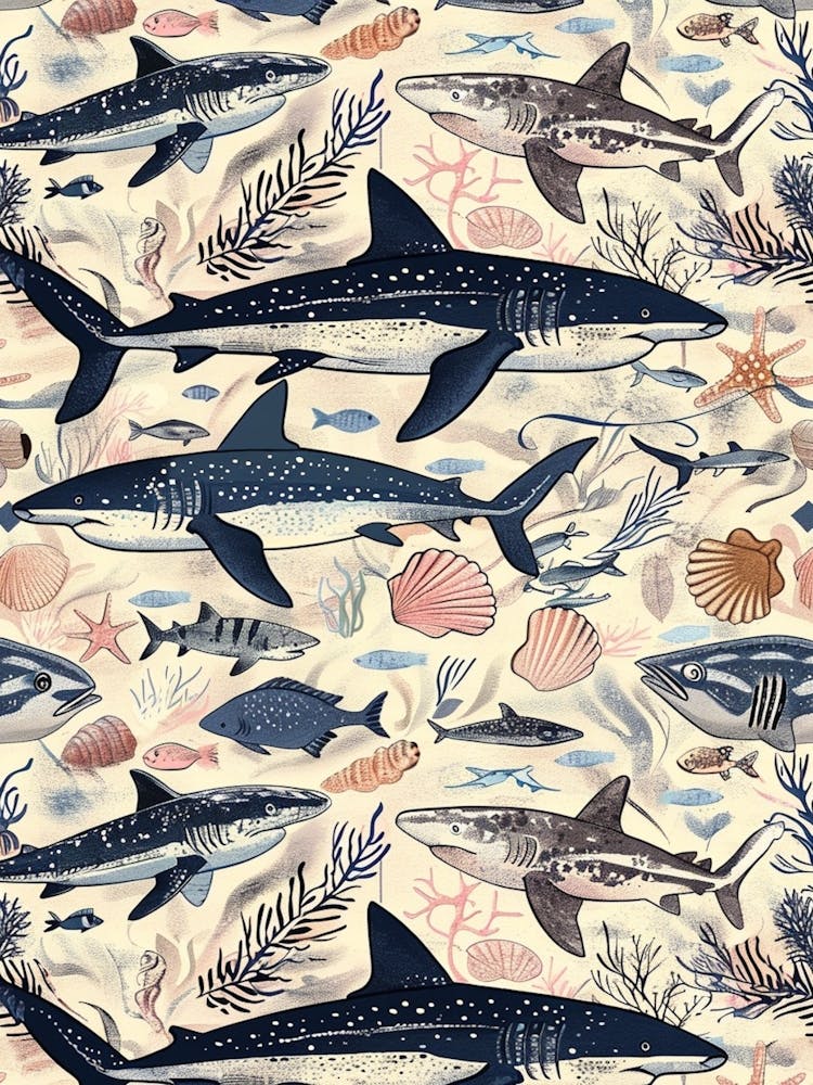 Pastel Blue Whale Shark Watercolour Seascape Pattern 2