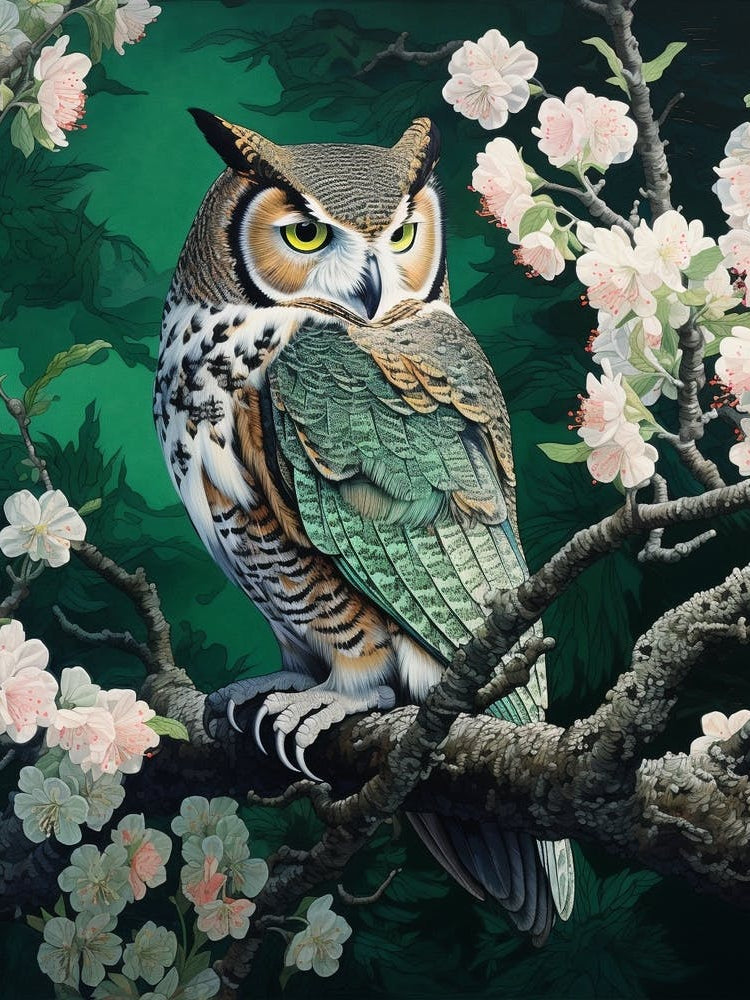 Ohara Koson Inspired Bird Painting Great Horned Owl 4
