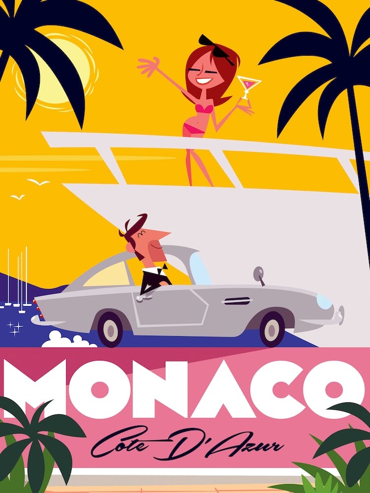 Monaco Cote D Azur Poster Yellow & Pink