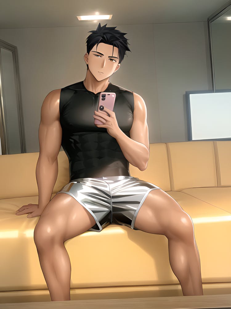 Mirror selfie in shiny sports outfit after workout session