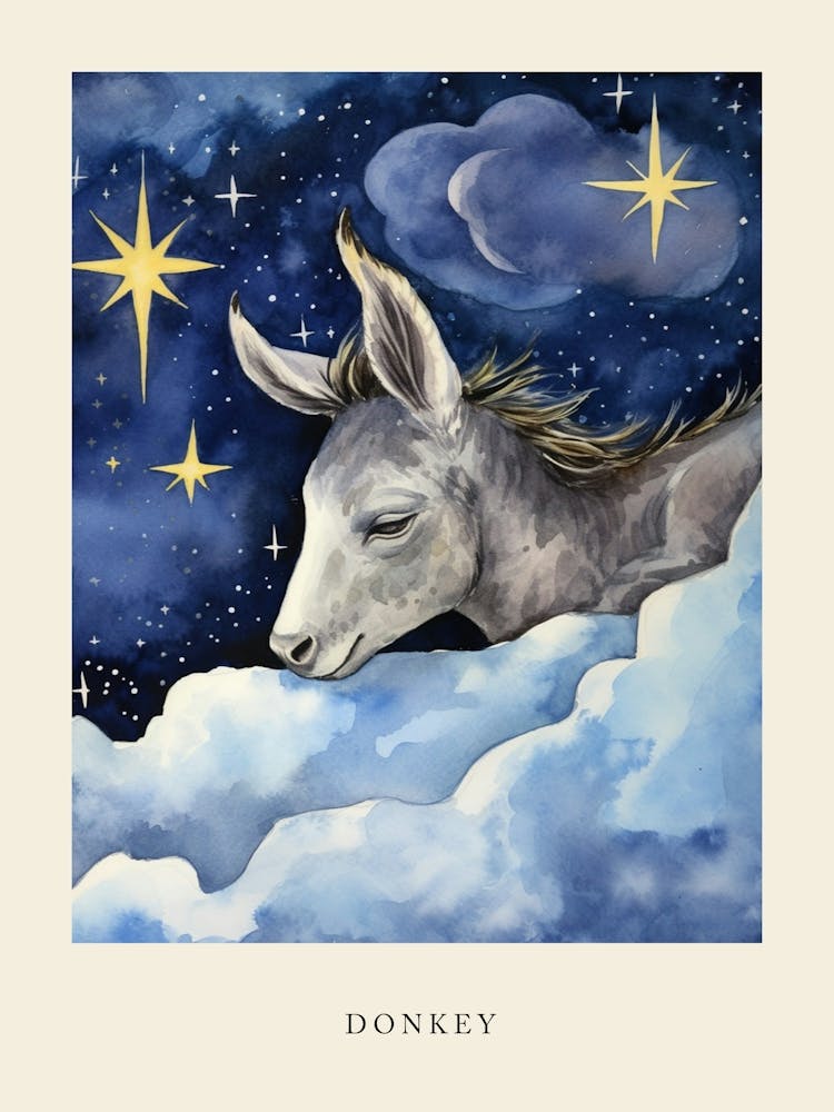 Baby Donkey Sleeping In The Clouds Nursery Poster