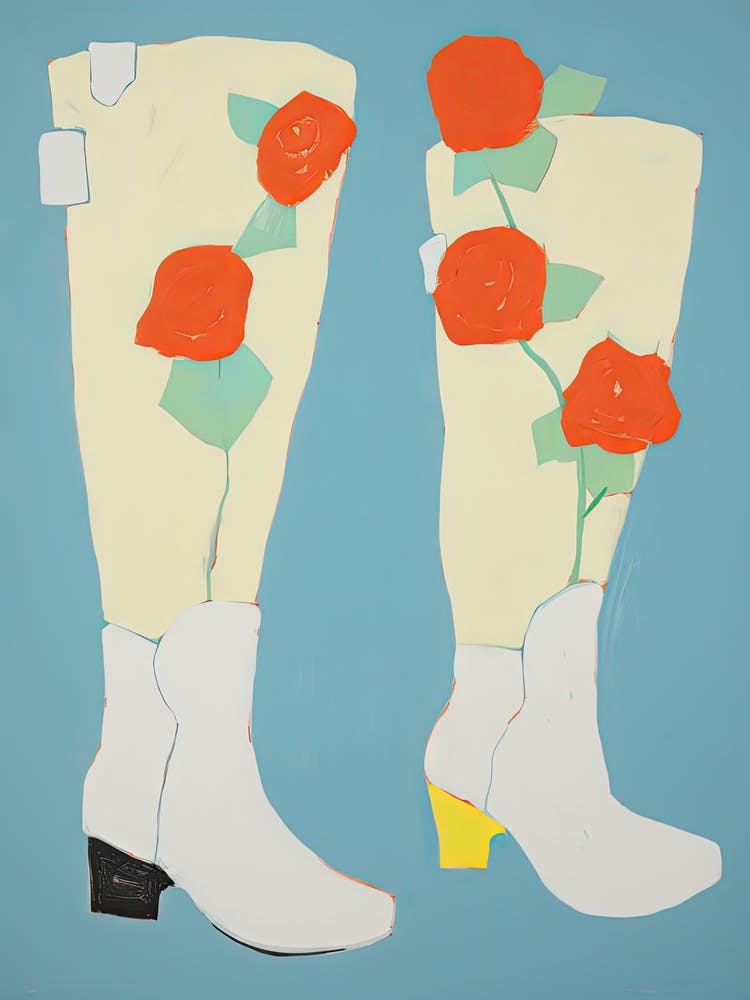 A Painting Of Cowboy Boots With Red Flowers, Pop Art Style 4