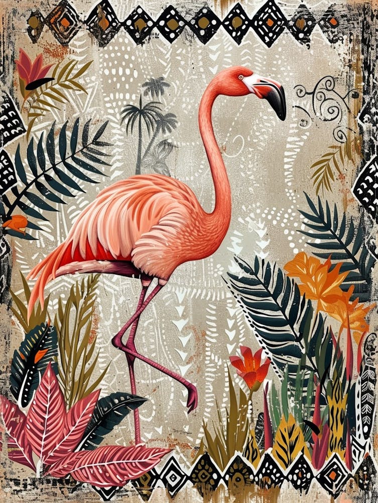 Greater Flamingo And Heliconia Boho Print 2