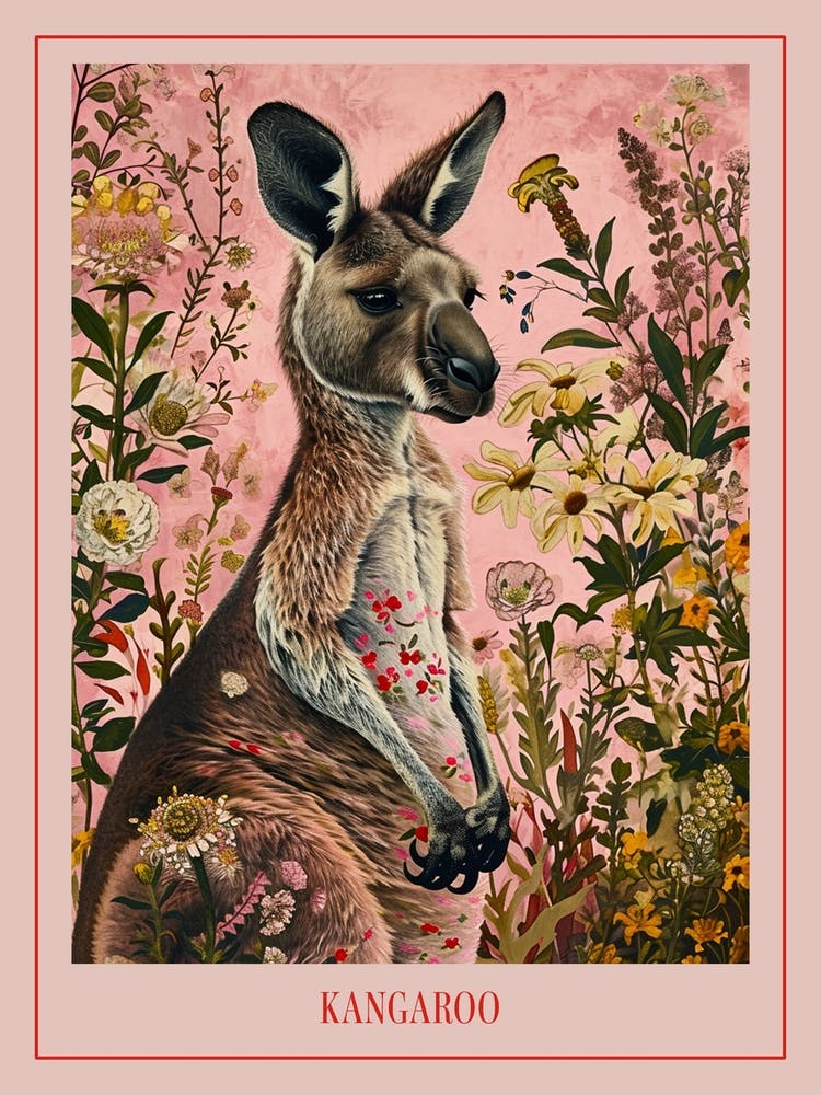 Floral Animal Painting Kangaroo Poster
