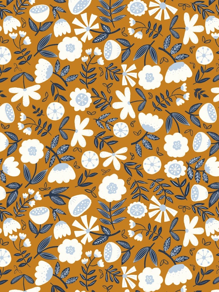 Cute Soft Scattered Scandi Florals Gold Yellow, White, Navy Blue