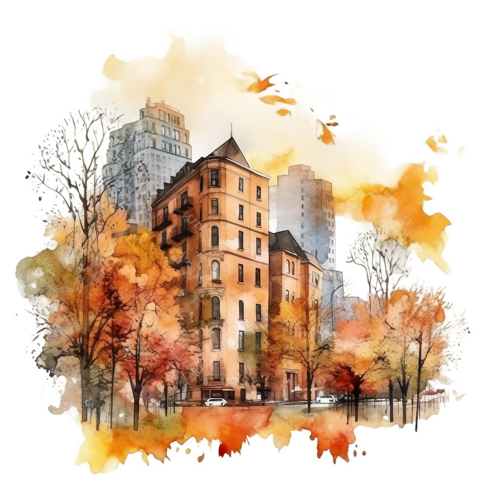 Watercolor Autumn City 2