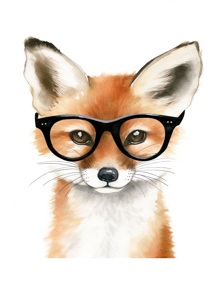 Smart Baby Fox Wearing Glasses Watercolour Illustration 3