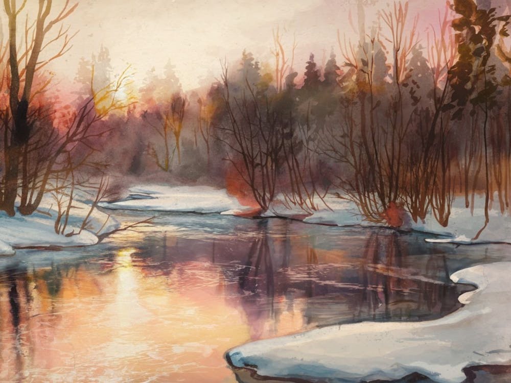 Snowy River Scene Serene Winter Forest Watercolor