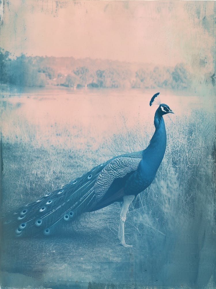 Turquoise Cyanotype Inspired Peacock In The Grass 3