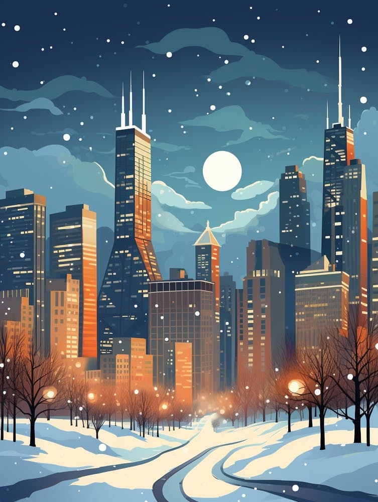 Winter Travel Night Illustration Chicago Usa 2