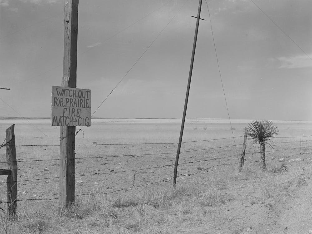 Sign Cautioning Care In Use Of Matches And Cigarettes On The Prairie, Near Marfa, Texas By Russell Lee