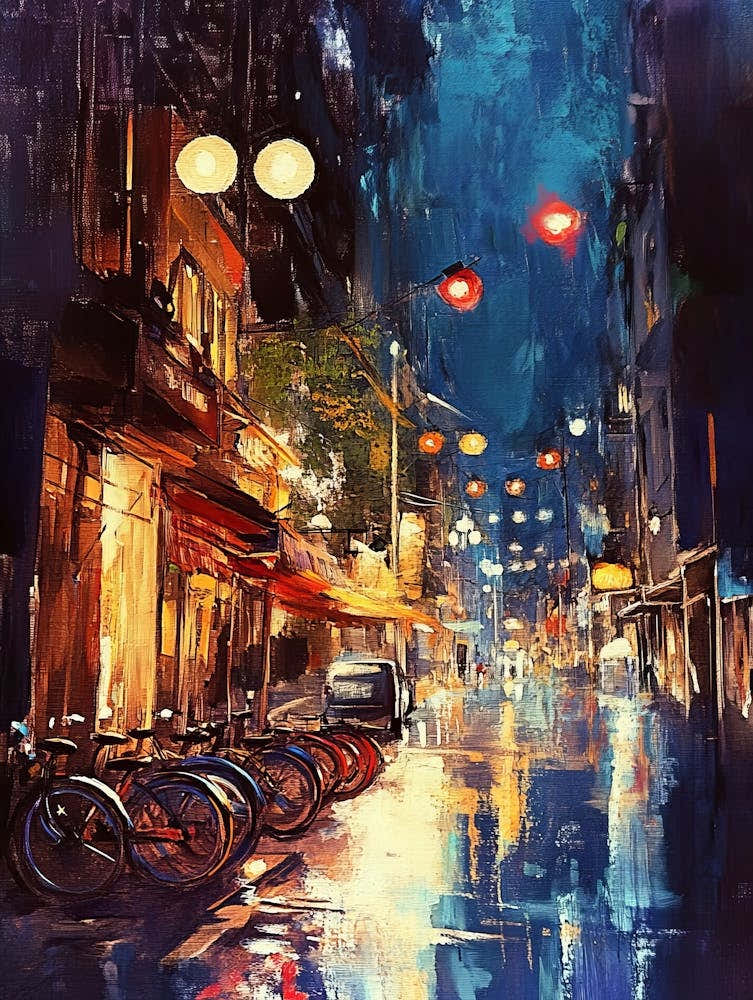 Night Scene Of A Street In City With Colorful Light