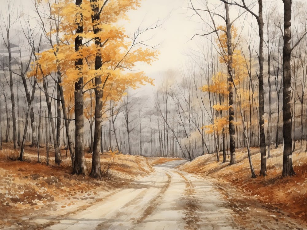 A Painting Of Country Road Through Woods In Autumn 47