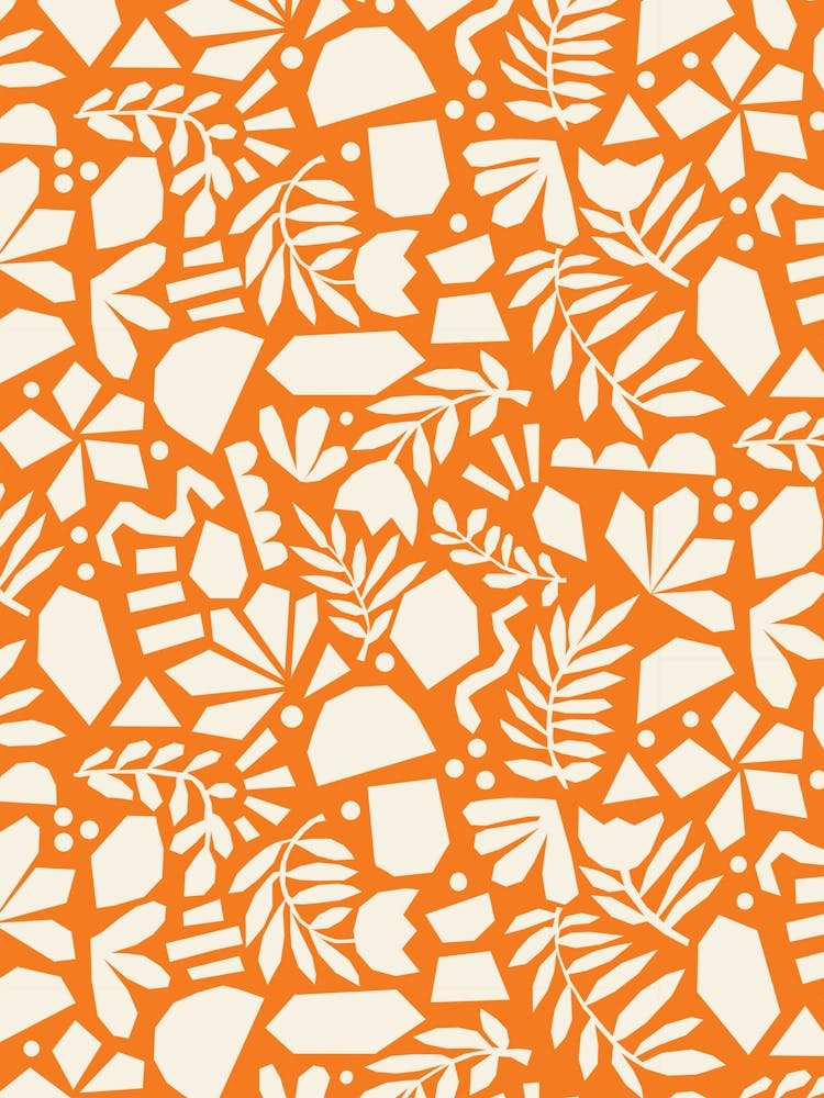 Paper Cut Out Collage Florals Abstract Flowers White on Orange