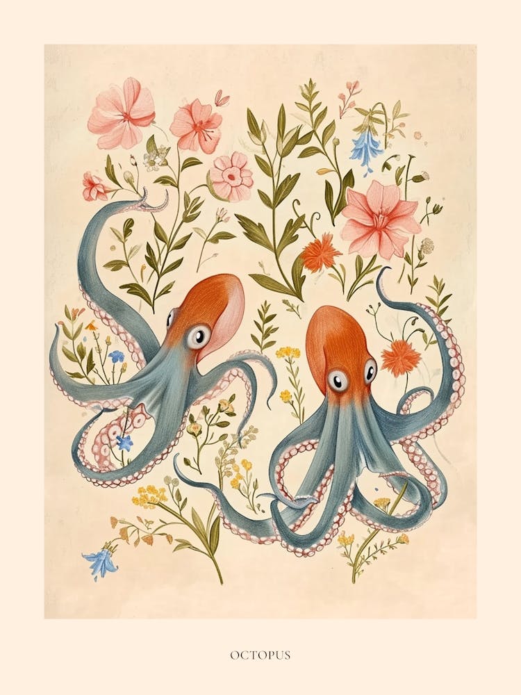 Folksy Floral Animal Drawing Octopus Poster