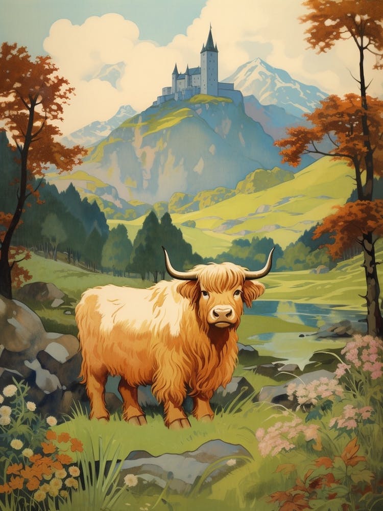 Blonde Highland Cow With Castle In The Background