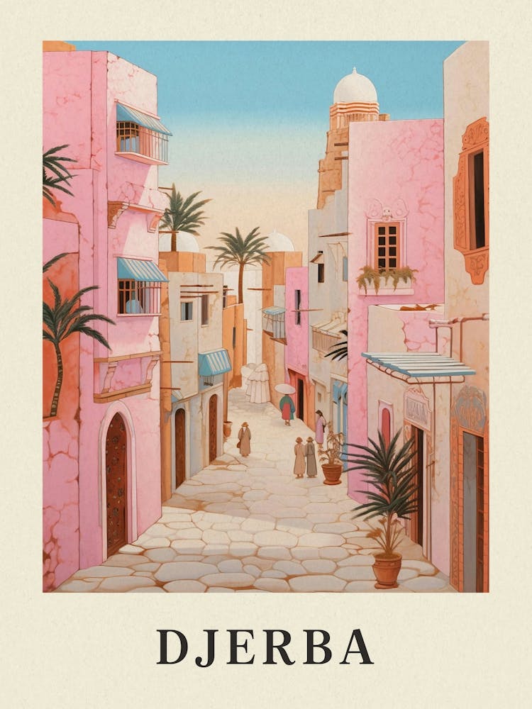 Djerba Tunisia 3 Vintage Pink Travel Illustration Poster