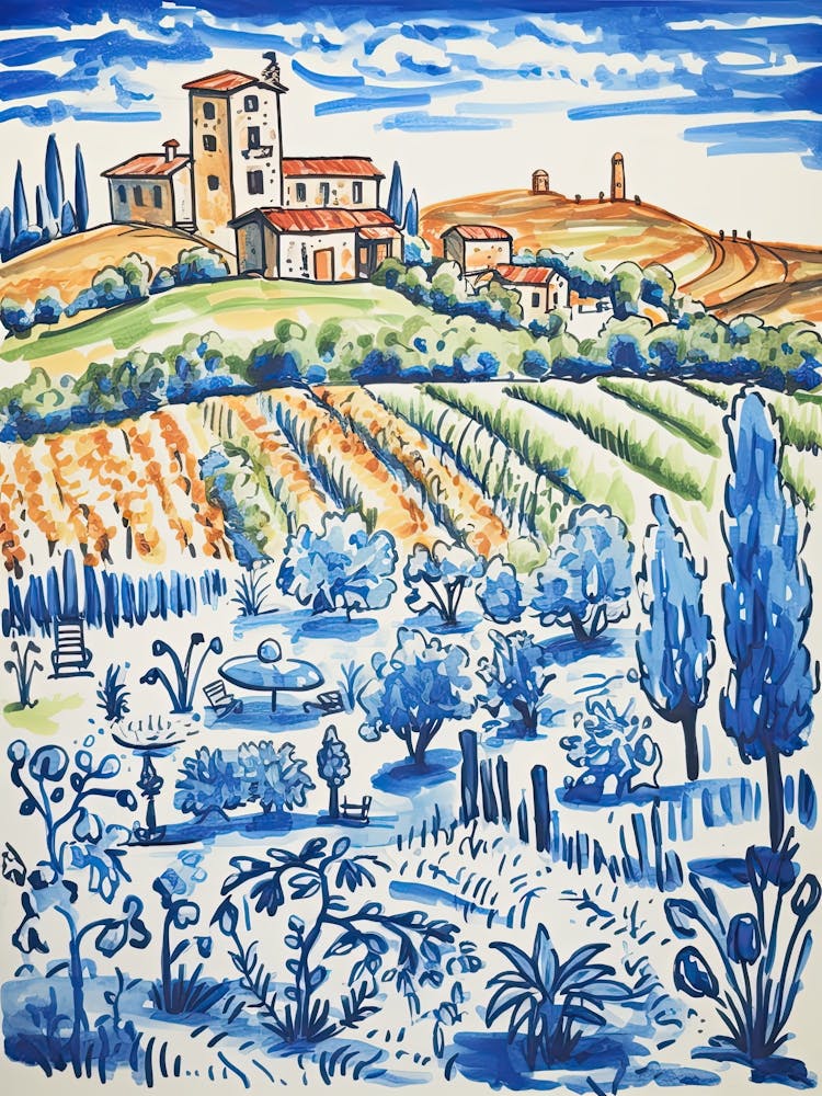Italy, Tuscany Cute Illustration In Orange And Blue 0