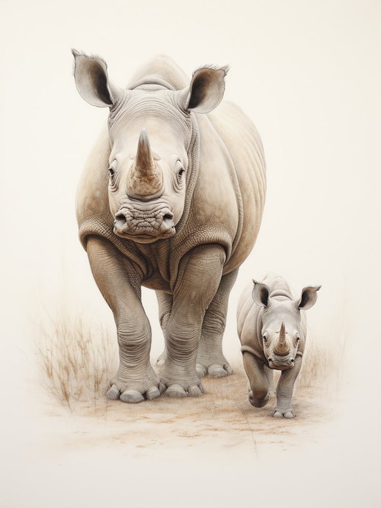 Rhino & Baby Rhino Sepia Illustration 1