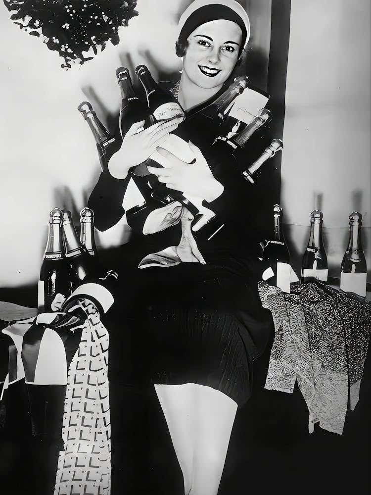 Woman Holding Champagne Bottles Wall Art, Black And White Print, Vintage Lady Wine Poster, Alcohol Art, Retro Wall Decor