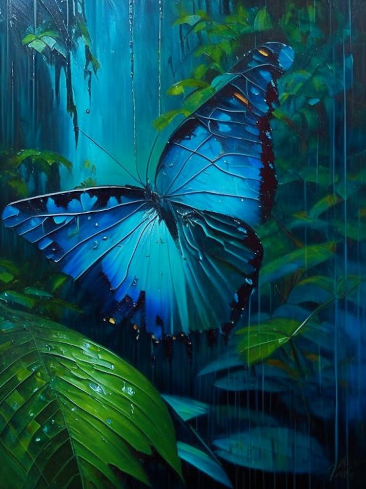 Morpho Butterfly In Rain Forest Oil Painting 3