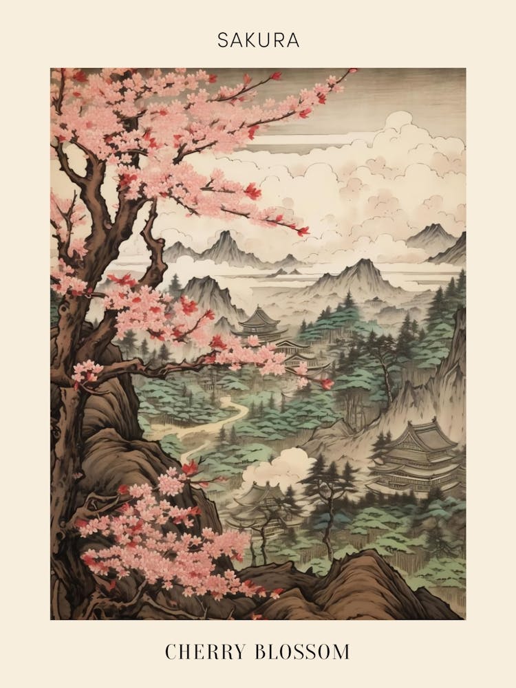 Sakura Cherry Blossom Japanese Botanical Illustration Poster