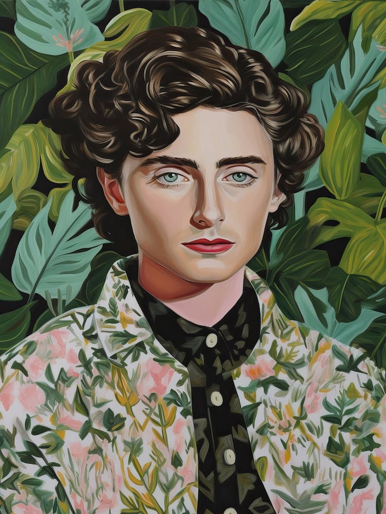 Floral Handpainted Portrait Of  Timothee Chalamet