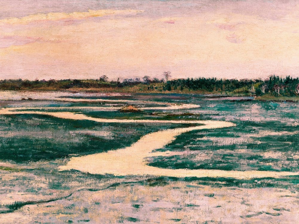 River In The Marsh, Pink Sky, Vintage Landscape Art