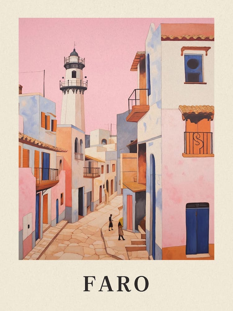 Faro Portugal 3 Vintage Pink Travel Illustration Poster