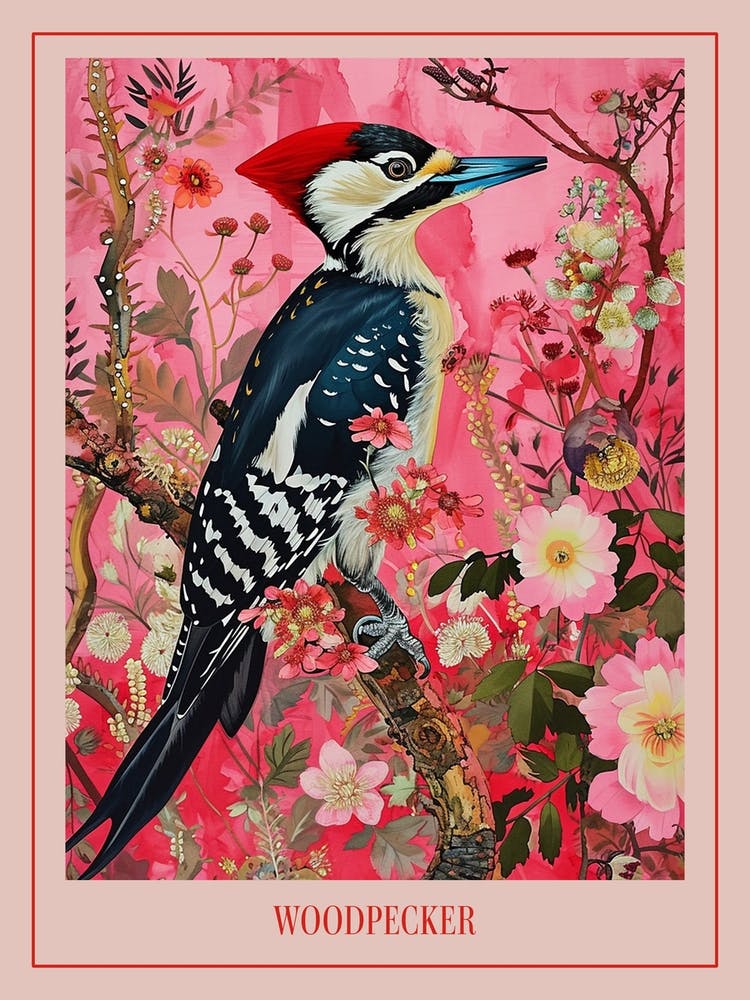 Floral Animal Painting Woodpecker 2 Poster