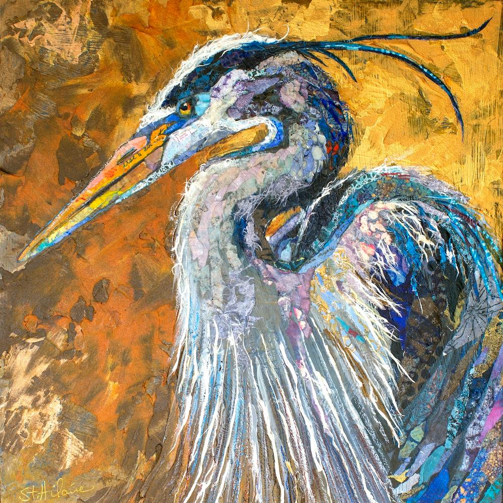 Blue Heron On Gold Square