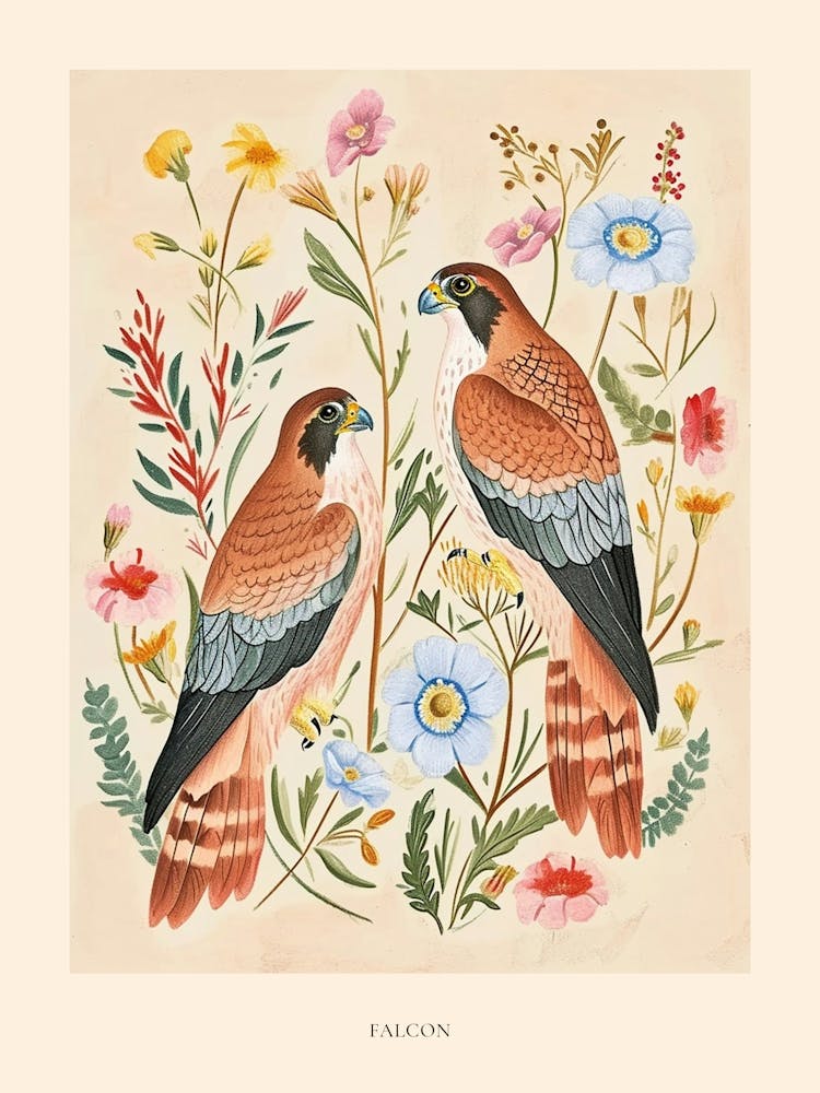 Folksy Floral Animal Drawing Falcon 1 Poster