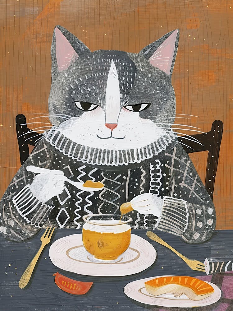 Grey And White Cat Having Breakfast Folk Illustration 1